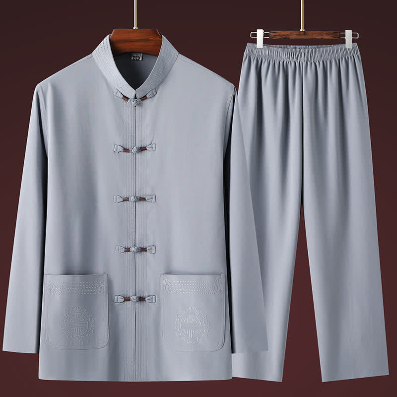 Buddha Stones 2Pcs Spring Fall Tang Style Casual Mandarin Collar Frog Button Solid Shirt Pants Men's Meditation Cloth With Pockets - LightGray - US/UK/AU44，EU54 (4XL) - image 12