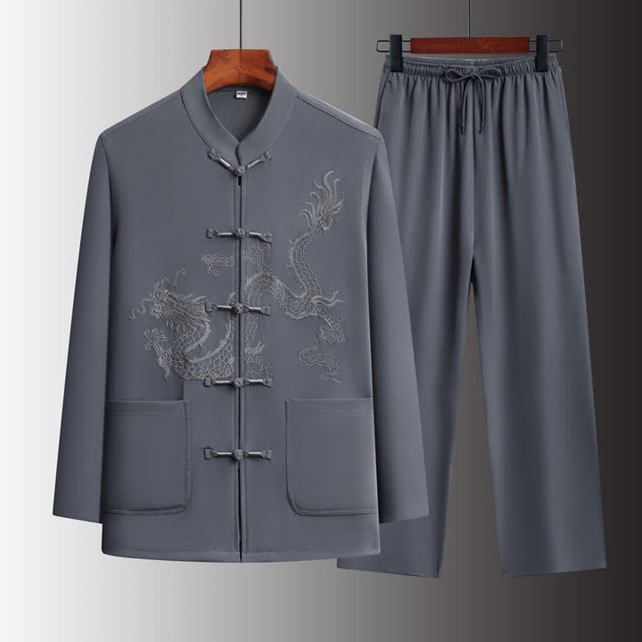 Buddha Stones Spring 2Pcs Fall Tang Style Mandarin Collar Frog Button Embroidery Dragon Shirt Pants Men's Meditation Cloth With Pockets - DarkGray - US/UK/AU44，EU54 (4XL) - image 0