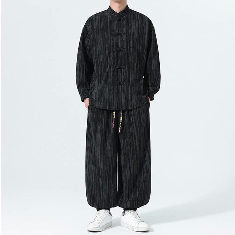 Buddha Stones 2Pcs Fall Winter Tang Style Mandarin Collar Striped Corduroy Shirt Pants Men's Meditation Cloth - image 16