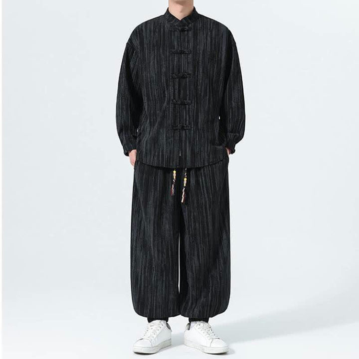 Buddha Stones 2Pcs Fall Winter Tang Style Mandarin Collar Striped Corduroy Shirt Pants Men's Meditation Cloth - image 16