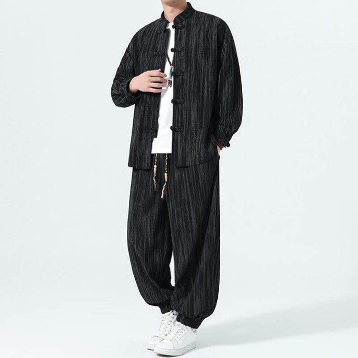 Buddha Stones 2Pcs Fall Winter Tang Style Mandarin Collar Striped Corduroy Shirt Pants Men's Meditation Cloth - image 15