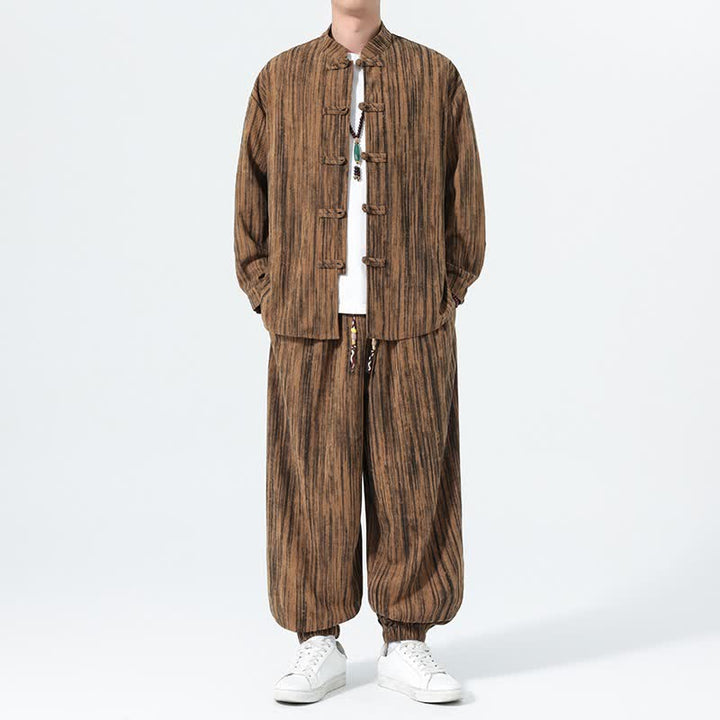 Buddha Stones 2Pcs Fall Winter Tang Style Mandarin Collar Striped Corduroy Shirt Pants Men's Meditation Cloth - image 1