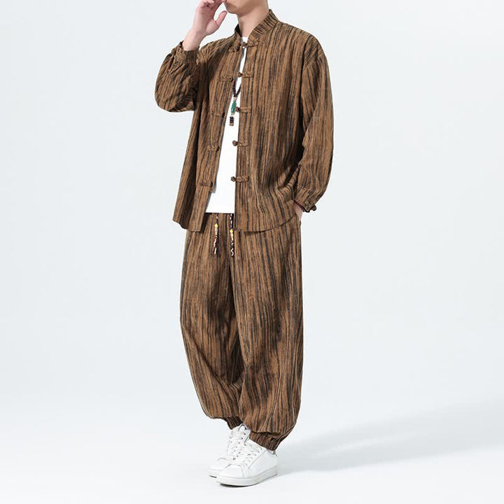 Buddha Stones 2Pcs Fall Winter Tang Style Mandarin Collar Striped Corduroy Shirt Pants Men's Meditation Cloth - image 2