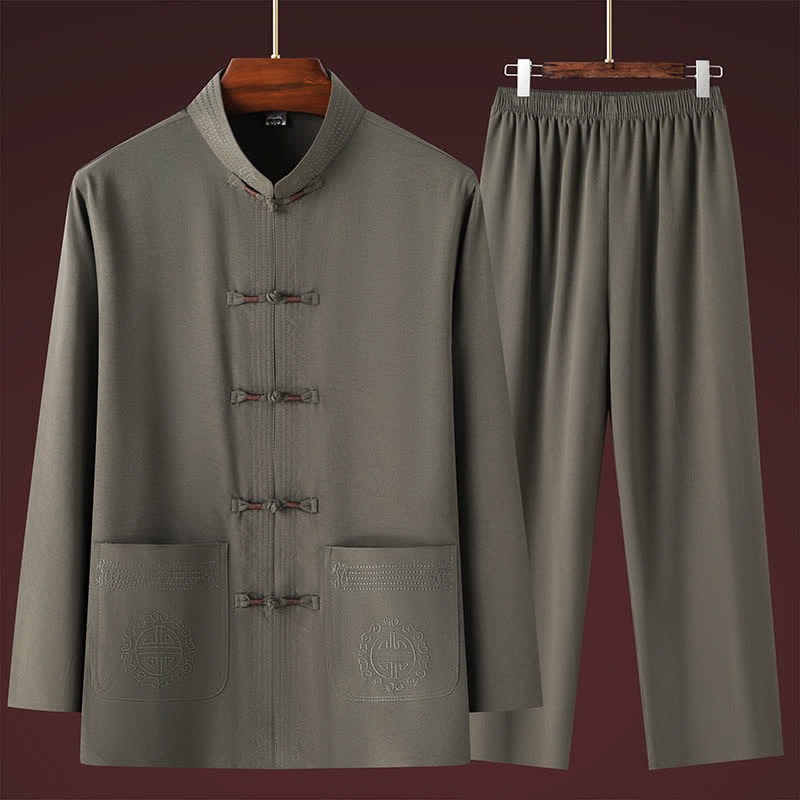 Buddha Stones 2Pcs Spring Fall Tang Style Casual Mandarin Collar Frog Button Solid Shirt Pants Men's Meditation Cloth With Pockets - image 11