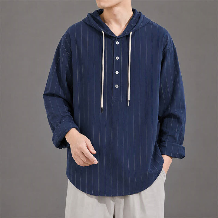 Buddha Stones Spring Casual Minimalist Drawstring Striped Men's Long Sleeve Shirts - Navy - US/UK/AU42, EU52 (3XL) - image 9