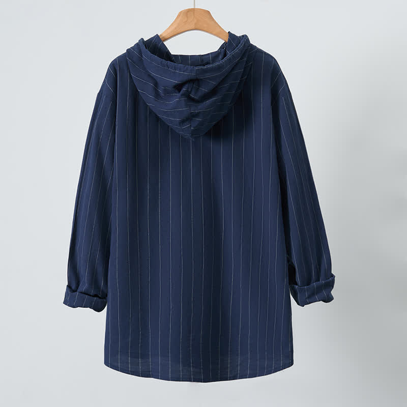 Buddha Stones Spring Casual Minimalist Drawstring Striped Men's Long Sleeve Shirts - image 11