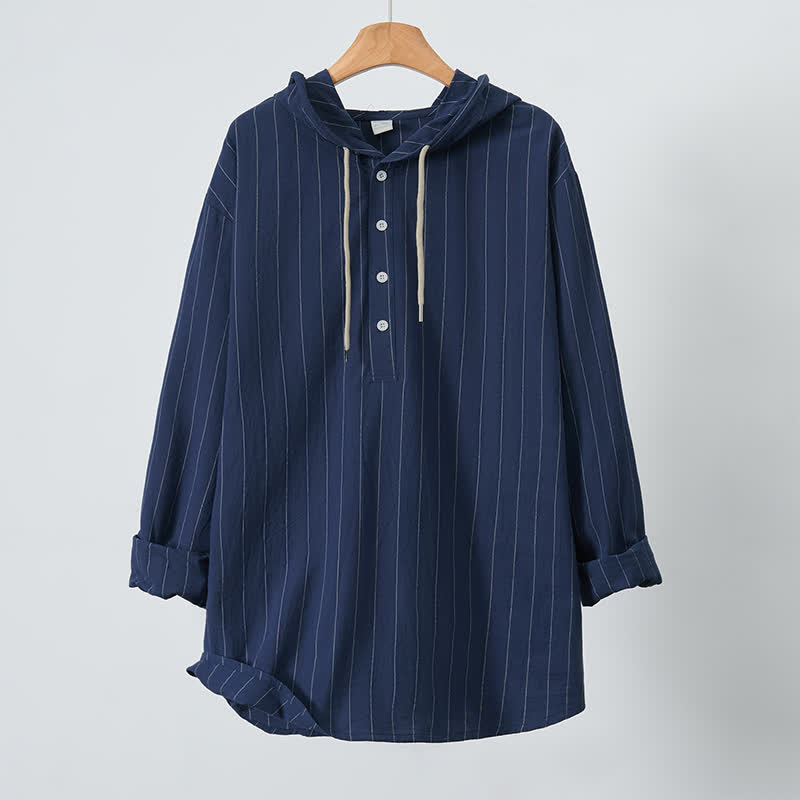 Buddha Stones Spring Casual Minimalist Drawstring Striped Men's Long Sleeve Shirts - image 10