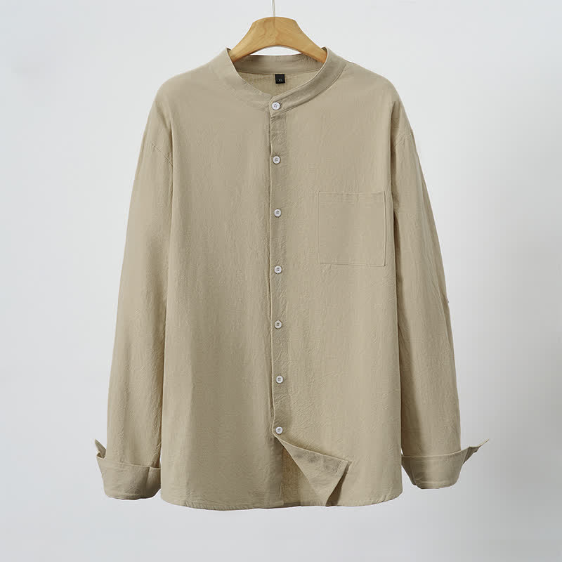 Buddha Stones Spring Fall Casual Tang Style Mandarin Collar Solid Men's Long Sleeve Shirts With Patch Pocket - image 12
