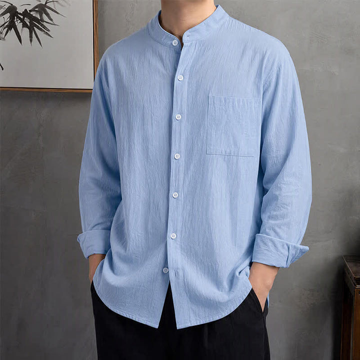 Buddha Stones Spring Fall Casual Tang Style Mandarin Collar Solid Men's Long Sleeve Shirts With Patch Pocket - PowderBlue - US/UK/AU42, EU52 (3XL) - image 0