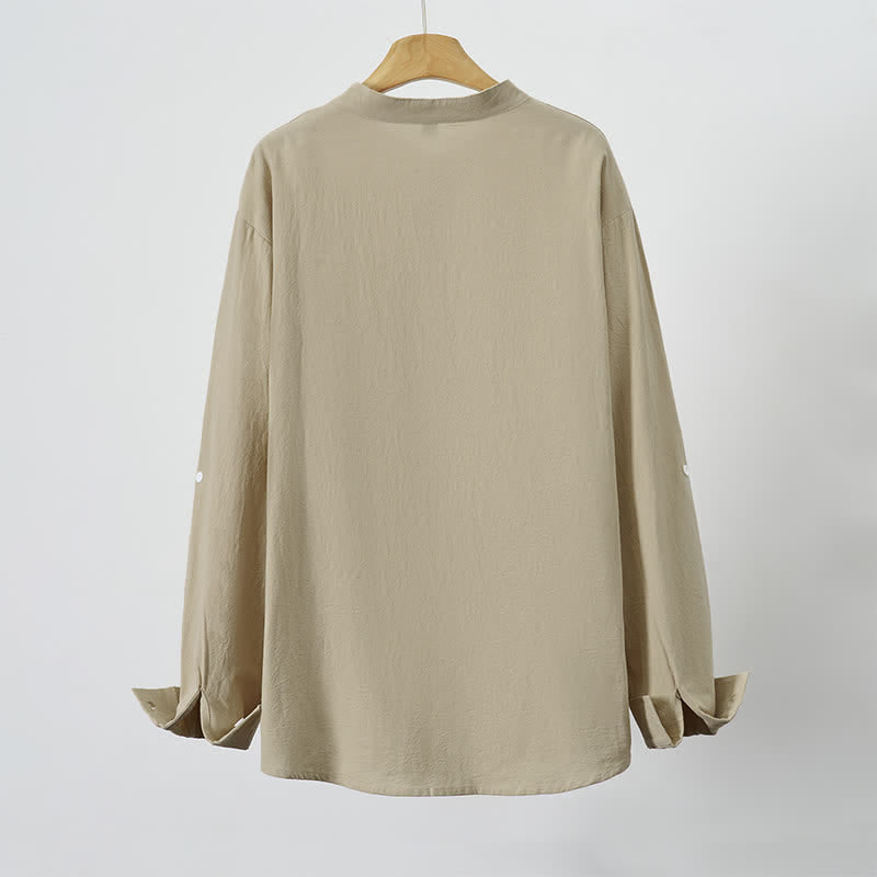 Buddha Stones Spring Fall Casual Tang Style Mandarin Collar Solid Men's Long Sleeve Shirts With Patch Pocket - image 13