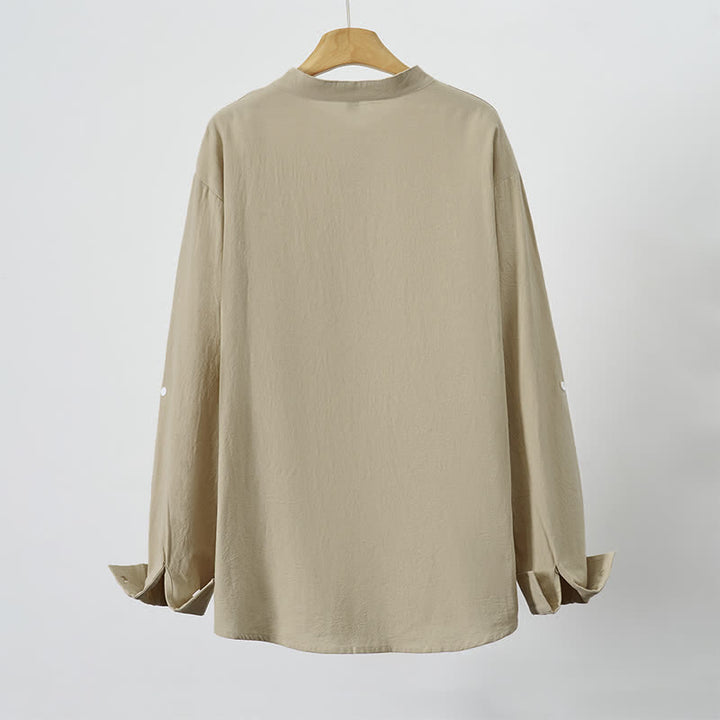 Buddha Stones Spring Fall Casual Tang Style Mandarin Collar Solid Men's Long Sleeve Shirts With Patch Pocket - image 13