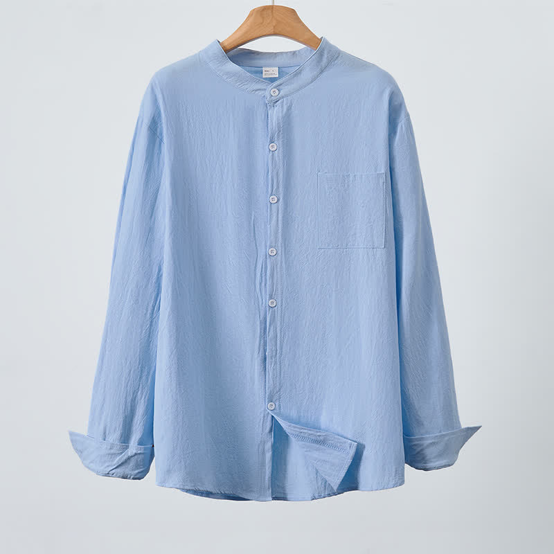 Buddha Stones Spring Fall Casual Tang Style Mandarin Collar Solid Men's Long Sleeve Shirts With Patch Pocket - image 2