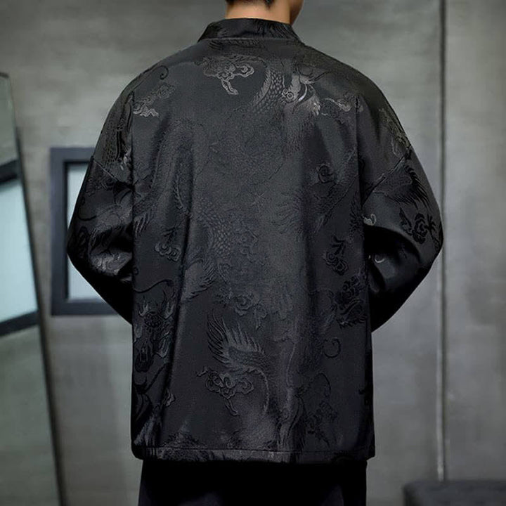 Buddha Stones Fall Tang Style Vintage Drawstring Dragon Jacquard Men's Kimono With Pocket - image 4