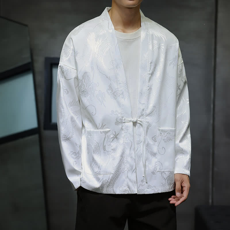 Buddha Stones Fall Tang Style Vintage Drawstring Dragon Jacquard Men's Kimono With Pocket - image 11