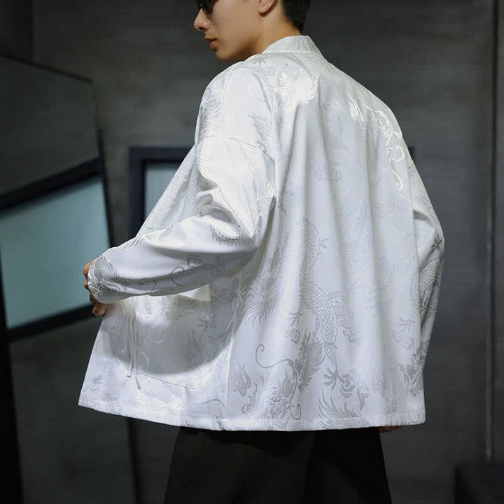 Buddha Stones Fall Tang Style Vintage Drawstring Dragon Jacquard Men's Kimono With Pocket - image 14
