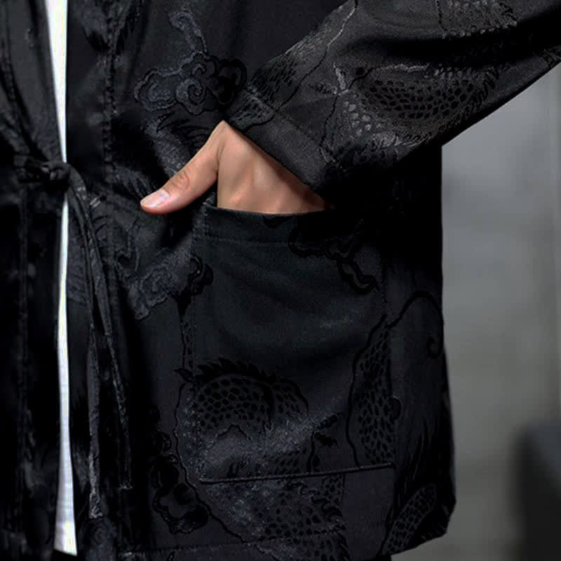 Buddha Stones Fall Tang Style Vintage Drawstring Dragon Jacquard Men's Kimono With Pocket - image 9