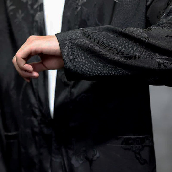 Buddha Stones Fall Tang Style Vintage Drawstring Dragon Jacquard Men's Kimono With Pocket - image 8
