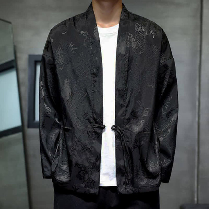 Buddha Stones Fall Tang Style Vintage Drawstring Dragon Jacquard Men's Kimono With Pocket - Black - US/UK/AU46, EU56 (5XL) - image 0