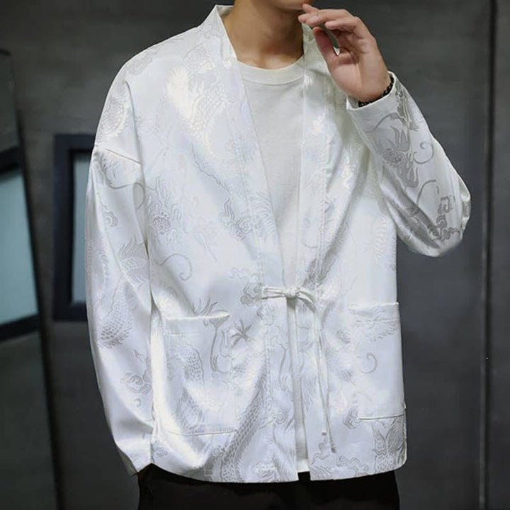 Buddha Stones Fall Tang Style Vintage Drawstring Dragon Jacquard Men's Kimono With Pocket - image 17
