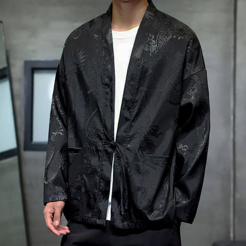 Buddha Stones Fall Tang Style Vintage Drawstring Dragon Jacquard Men's Kimono With Pocket - image 2