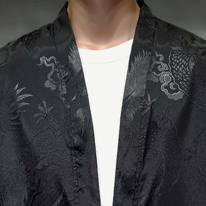 Buddha Stones Fall Tang Style Vintage Drawstring Dragon Jacquard Men's Kimono With Pocket - image 6