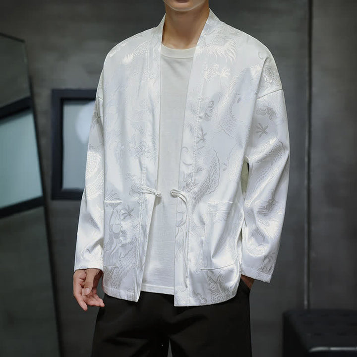 Buddha Stones Fall Tang Style Vintage Drawstring Dragon Jacquard Men's Kimono With Pocket - image 16