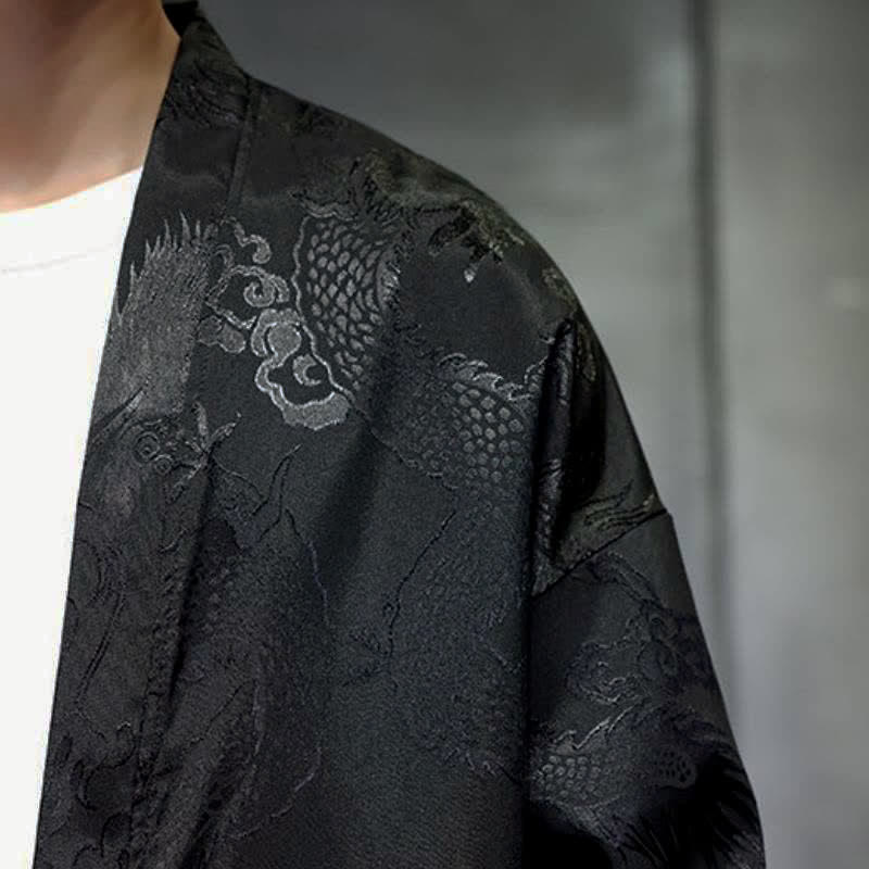Buddha Stones Fall Tang Style Vintage Drawstring Dragon Jacquard Men's Kimono With Pocket - image 7