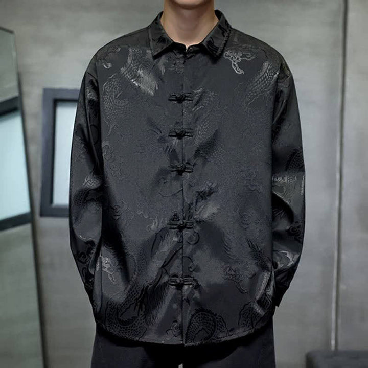 Buddha Stones Fall Tang Style Vintage Frog Button Dragon Jacquard Men's Long Sleeve Shirts - image 3