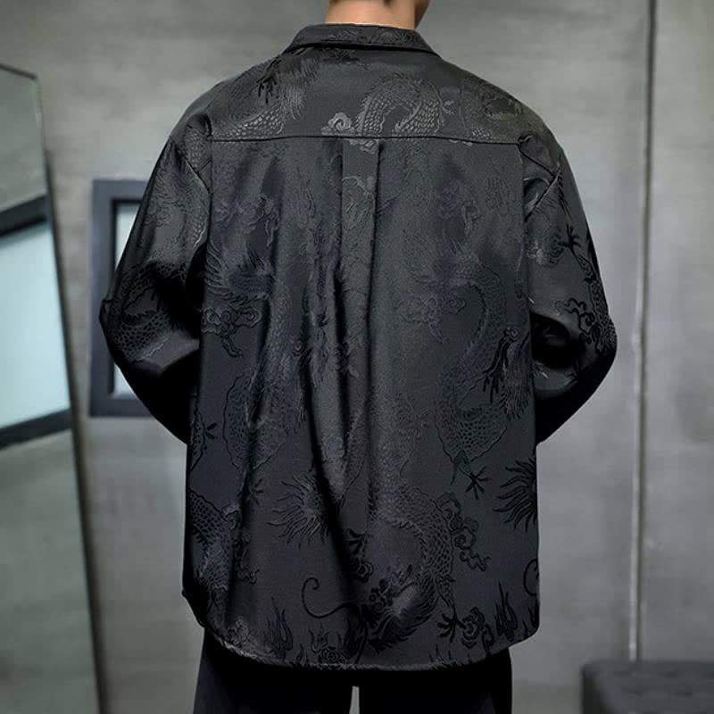 Buddha Stones Fall Tang Style Vintage Frog Button Dragon Jacquard Men's Long Sleeve Shirts - image 4