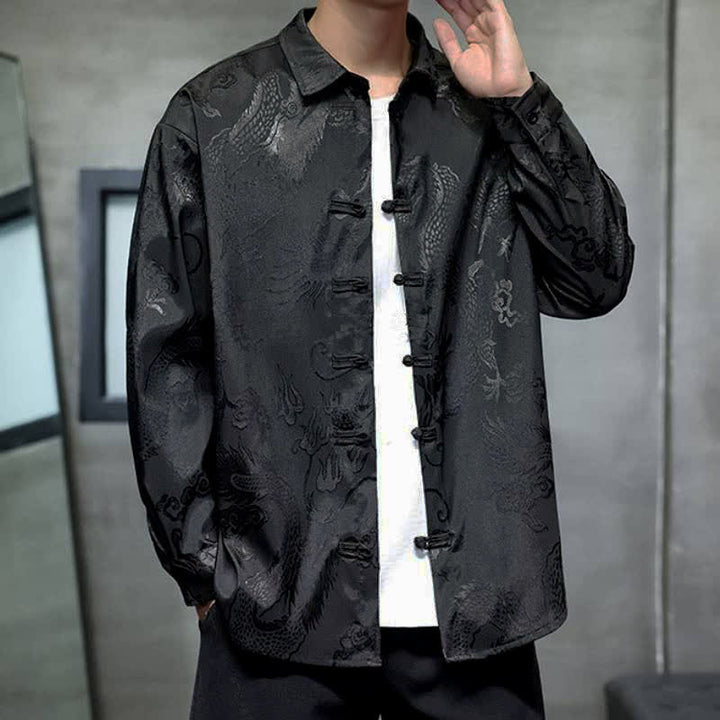 Buddha Stones Fall Tang Style Vintage Frog Button Dragon Jacquard Men's Long Sleeve Shirts - image 5