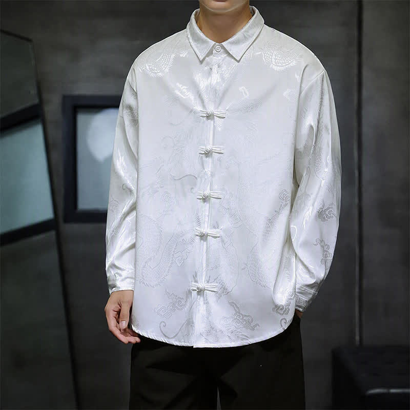 Buddha Stones Fall Tang Style Vintage Frog Button Dragon Jacquard Men's Long Sleeve Shirts - image 11