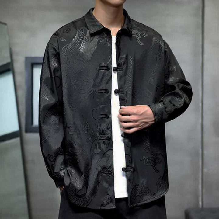Buddha Stones Fall Tang Style Vintage Frog Button Dragon Jacquard Men's Long Sleeve Shirts - image 2