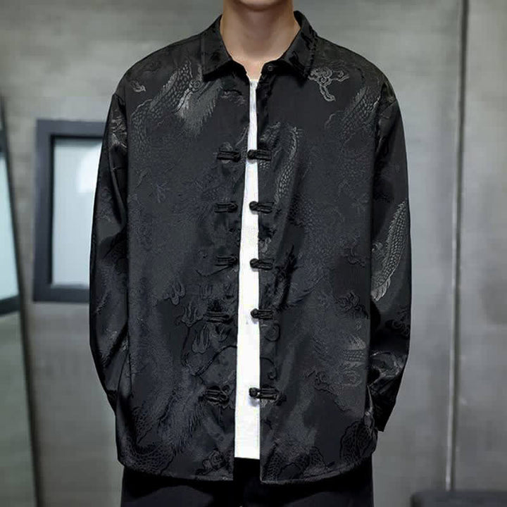 Buddha Stones Fall Tang Style Vintage Frog Button Dragon Jacquard Men's Long Sleeve Shirts - image 1