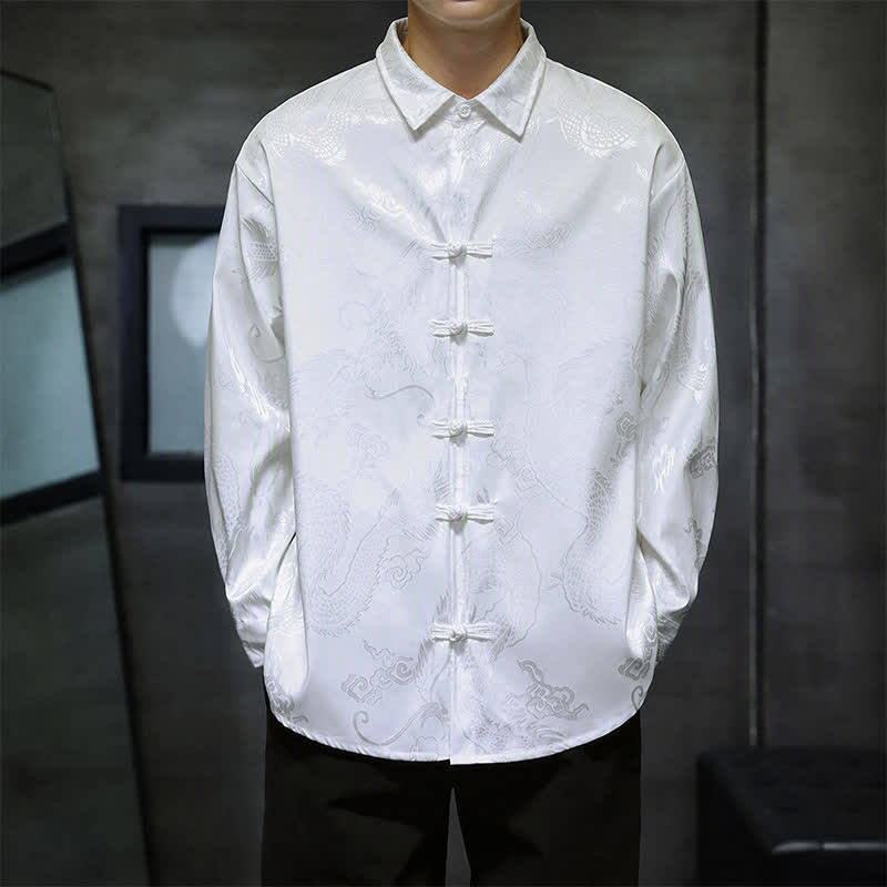 Buddha Stones Fall Tang Style Vintage Frog Button Dragon Jacquard Men's Long Sleeve Shirts - White - US/UK/AU46, EU56 (5XL) - image 9