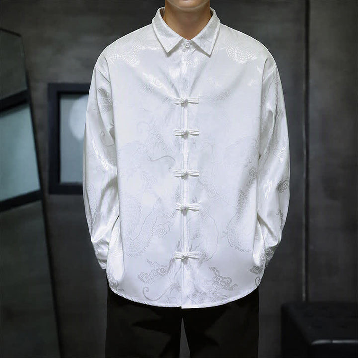 Buddha Stones Fall Tang Style Vintage Frog Button Dragon Jacquard Men's Long Sleeve Shirts - White - US/UK/AU46, EU56 (5XL) - image 9