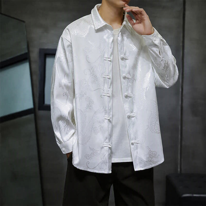 Buddha Stones Fall Tang Style Vintage Frog Button Dragon Jacquard Men's Long Sleeve Shirts - image 14