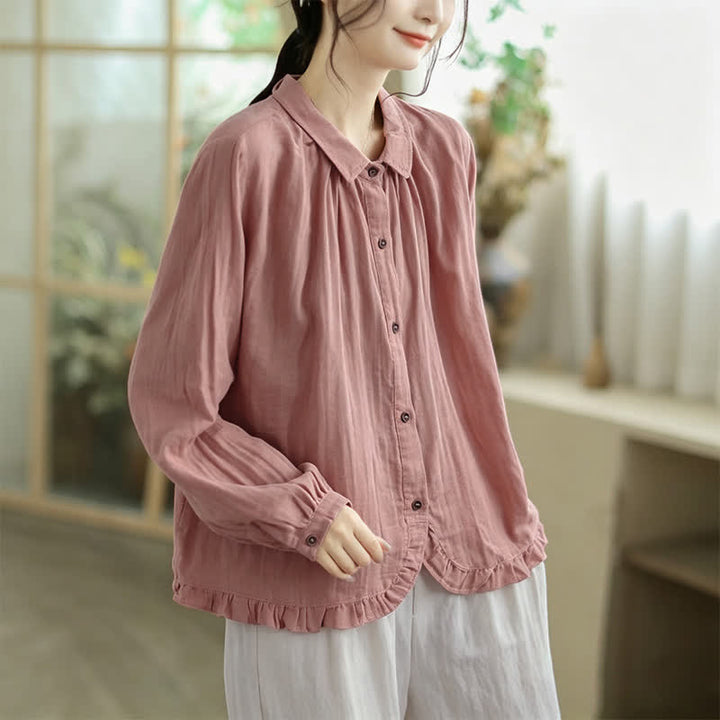 Buddha Stones Spring Fall Minimalist Simple Button-Up Solid Women's Long Sleeve Shirts - image 9
