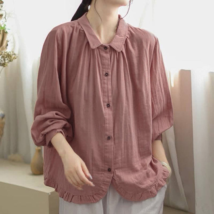 Buddha Stones Spring Fall Minimalist Simple Button-Up Solid Women's Long Sleeve Shirts - image 6