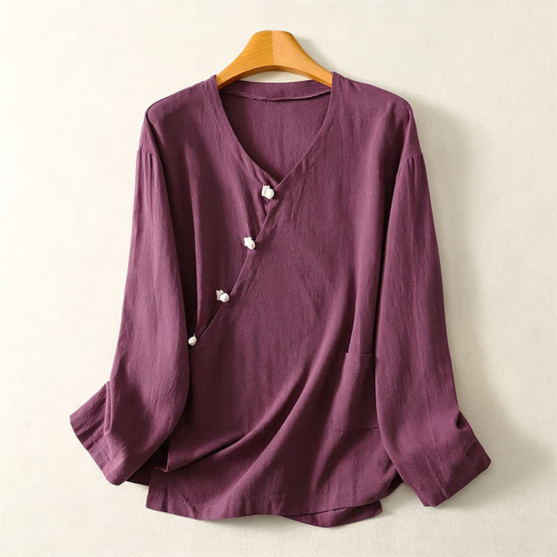 Buddha Stones Spring Fall Minimalist Tang Style Pankou Solid Women's Long Sleeve Shirts With Patch Pocket - Purple - US8-10, UK/AU12-14, EU40-42 (2XL) - image 12