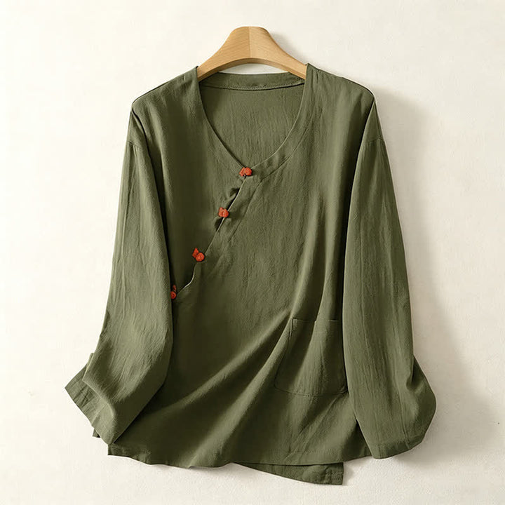 Buddha Stones Spring Fall Minimalist Tang Style Pankou Solid Women's Long Sleeve Shirts With Patch Pocket - DarkOliveGreen - US8-10, UK/AU12-14, EU40-42 (2XL) - image 0