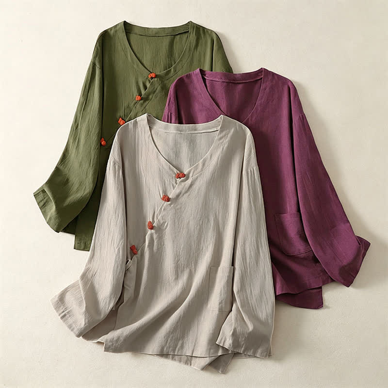 Buddha Stones Spring Fall Minimalist Tang Style Pankou Solid Women's Long Sleeve Shirts With Patch Pocket - image 16