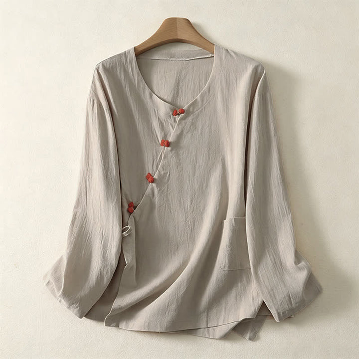 Buddha Stones Spring Fall Minimalist Tang Style Pankou Solid Women's Long Sleeve Shirts With Patch Pocket - Beige - US8-10, UK/AU12-14, EU40-42 (2XL) - image 4
