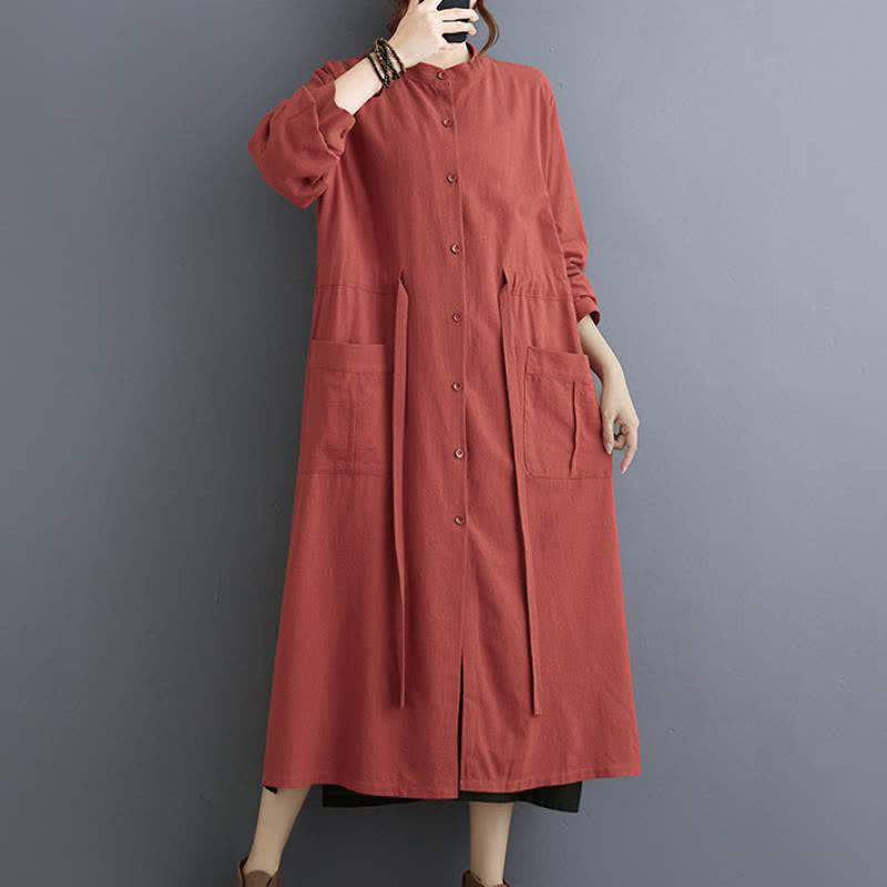Buddha Stones Fall Casual Vintage Mandarin Collar Button-Up Solid Lace-up Women's Long Sleeve Dress With Pockets - image 10