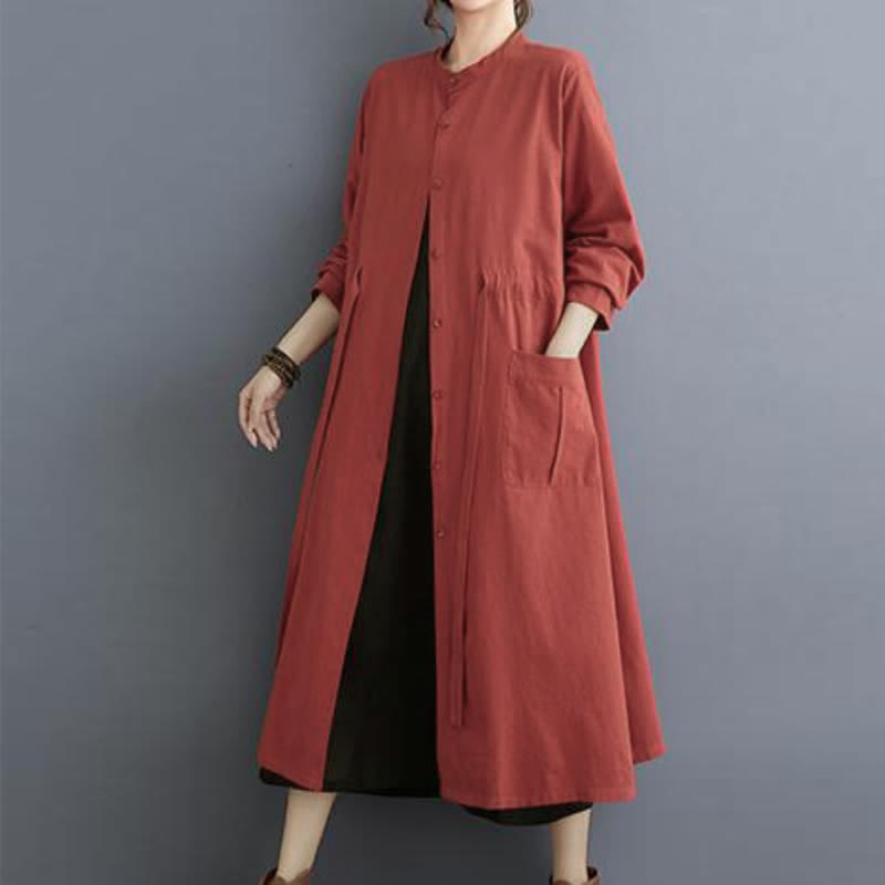Buddha Stones Fall Casual Vintage Mandarin Collar Button-Up Solid Lace-up Women's Long Sleeve Dress With Pockets - image 9
