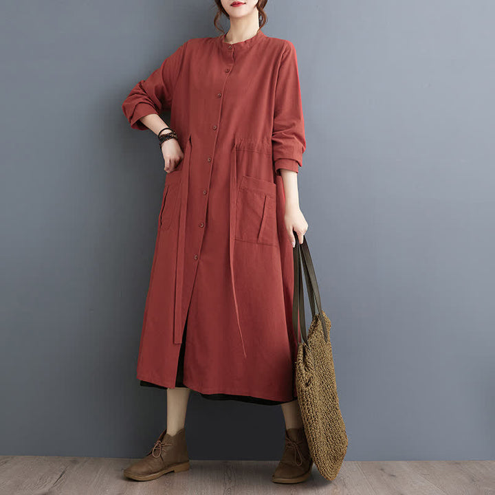 Buddha Stones Fall Casual Vintage Mandarin Collar Button-Up Solid Lace-up Women's Long Sleeve Dress With Pockets - Sienna - US4-8/10, UK/AU8-12/14, EU36-40/42 (F) - image 8
