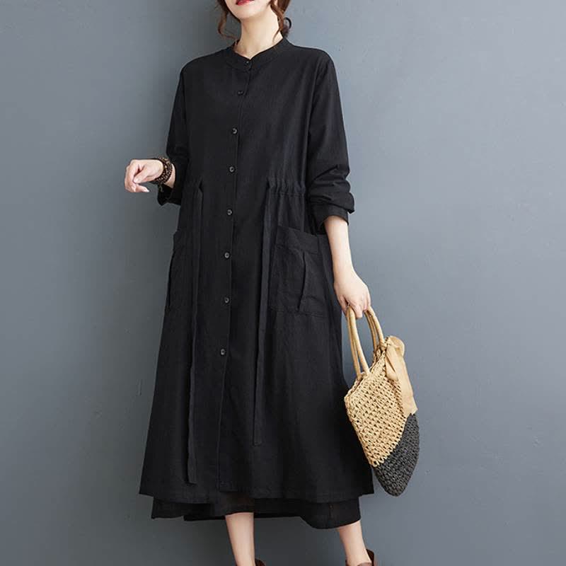 Buddha Stones Fall Casual Vintage Mandarin Collar Button-Up Solid Lace-up Women's Long Sleeve Dress With Pockets - Black - US4-8/10, UK/AU8-12/14, EU36-40/42 (F) - image 4