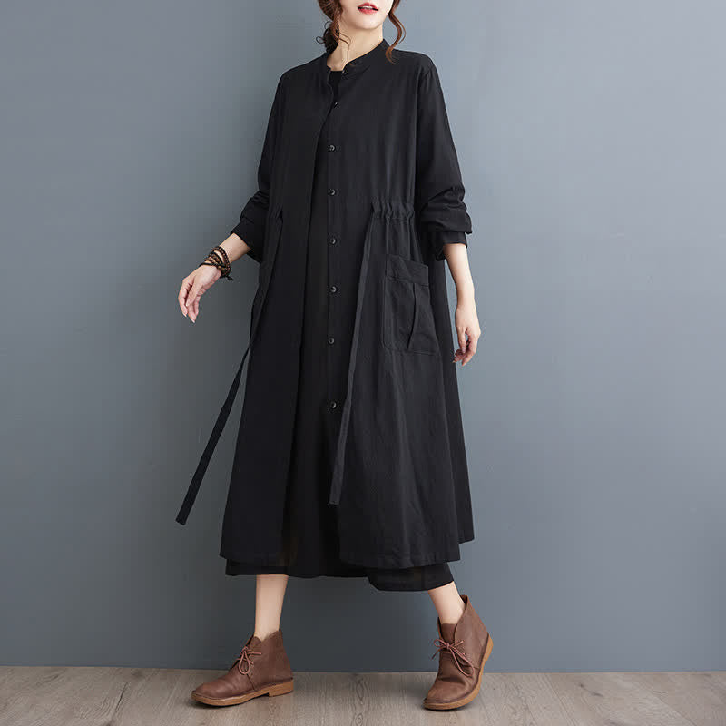 Buddha Stones Fall Casual Vintage Mandarin Collar Button-Up Solid Lace-up Women's Long Sleeve Dress With Pockets - image 7