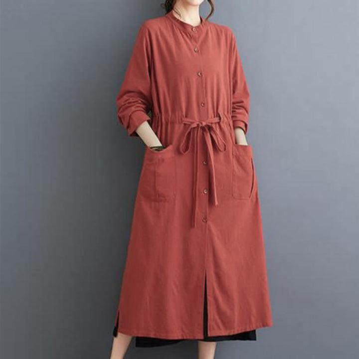 Buddha Stones Fall Casual Vintage Mandarin Collar Button-Up Solid Lace-up Women's Long Sleeve Dress With Pockets - image 11