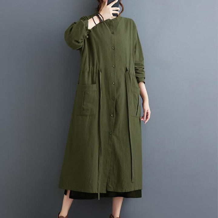 Buddha Stones Fall Casual Vintage Mandarin Collar Button-Up Solid Lace-up Women's Long Sleeve Dress With Pockets - image 2
