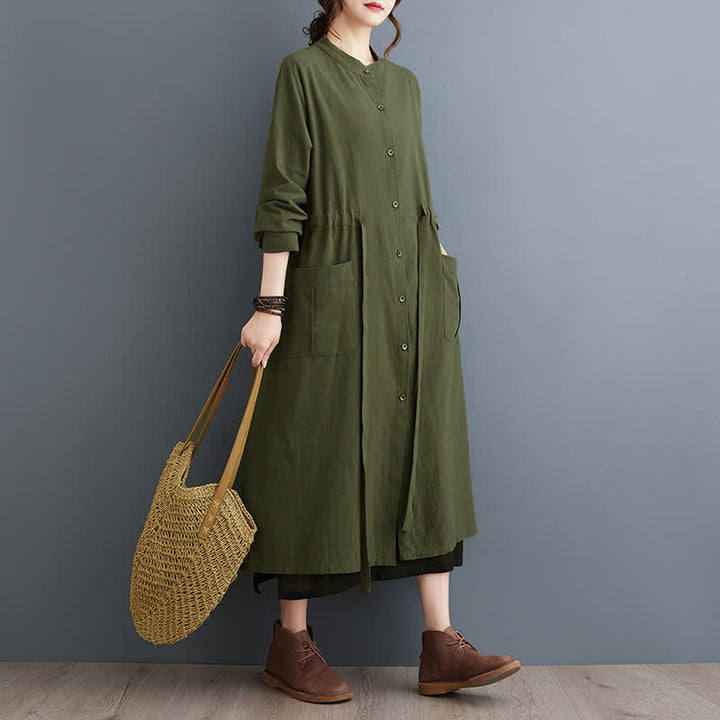 Buddha Stones Fall Casual Vintage Mandarin Collar Button-Up Solid Lace-up Women's Long Sleeve Dress With Pockets - DarkOliveGreen - US4-8/10, UK/AU8-12/14, EU36-40/42 (F) - image 0